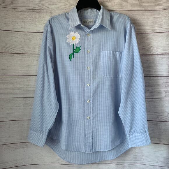 Las Olas Other - Vintage Las Olas Blue Gingham Check Button Up Shirt Embroidered Daisy Flower L
